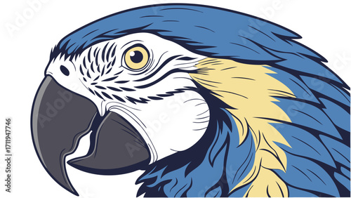 Blue and Yellow Macaw Parrot Head Profile Illustration Tropical Bird Exotic Avian Wildlife Art Bird Portrait Vector Graphic Cartoon Bird Animal Illustration Nature Illustration Pet Bird.