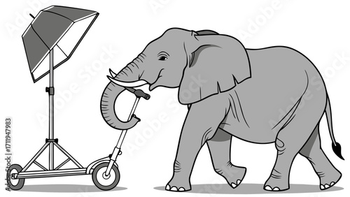Cartoon elephant with scooter and photography lighting umbrella.