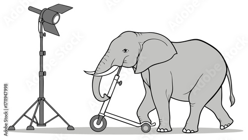 Cartoon elephant with scooter and studio light whimsical illustration animal photography funny image for kids childrens book storybook illustration animal character elephant illustration.