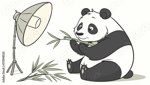Cartoon Panda Bear Eating Bamboo Under Studio Light Illustration.