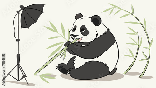 Cartoon Panda Eating Bamboo Under Studio Lighting.