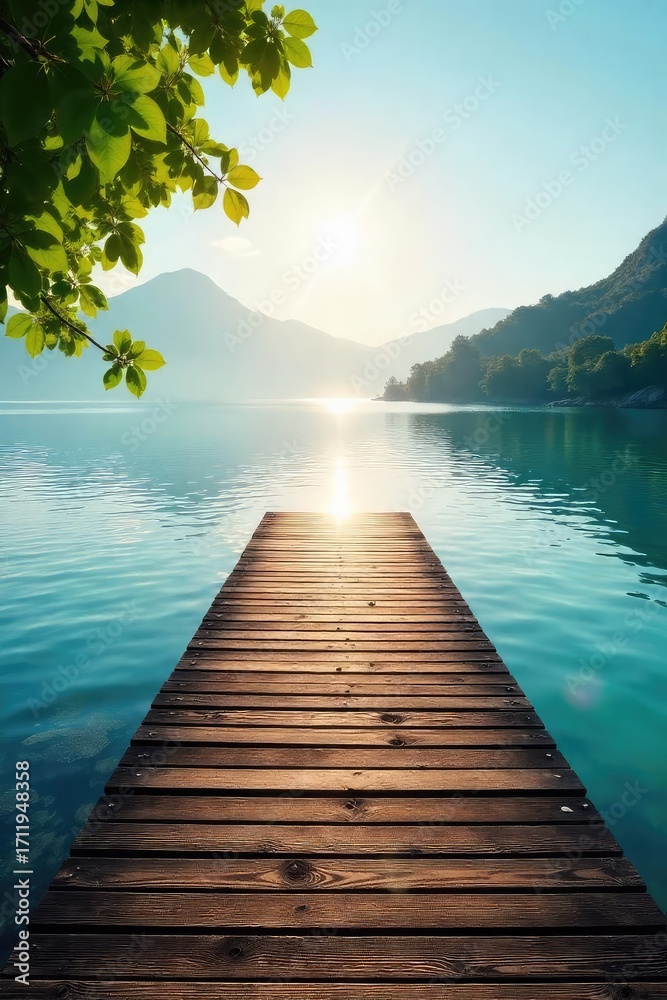 Obraz premium A tranquil scene of a wooden dock extending into calm water, sunlight reflecting off the still surface, reaching a peaceful shore Perfect for travel, nature, or serenity themes , plants, tranquil