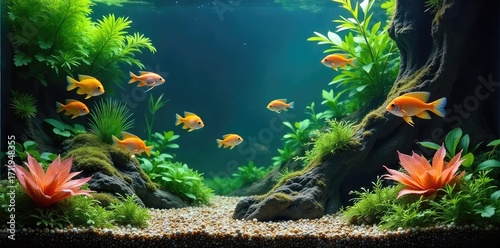 Vibrant tropical fish swim amidst lush aquatic plants in a beautifully maintained aquarium The tank showcases a diverse array of colorful species and a healthy ecosystem , neon tetra, fish tank
