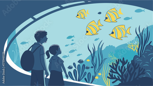 Children observing fish in aquarium underwater scene ocean life illustration.