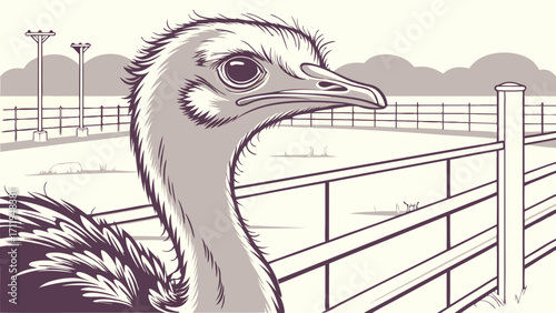 Close-up illustration of an emus head and neck in an enclosure.