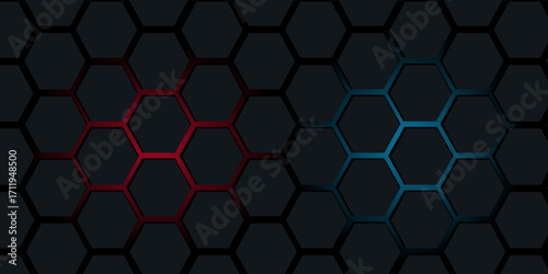 Dark red and blue hexagon abstract technology background with red and blue colored bright flashes under hexagon. Hexagonal gaming vector abstract tech background.