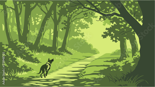 Dog walking on a path through a lush green forest.