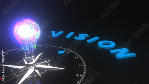Creative Vision and Innovation Concept with Light Bulb and Compass. 3d illustration.