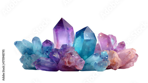 Colorful amethyst and quartz crystal cluster isolated on white background