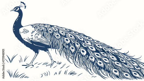 Elegant Peacock Illustration Bird Design Detailed Feathers Nature Artwork Wildlife Print Blue Ink Drawing Exotic Bird Animal Art Feathered Creature Avian Graphic Design Vector Illustra.