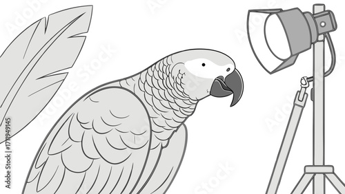 Gray Parrot in Studio Setting with Feather and Lighting Equipment Illustration.