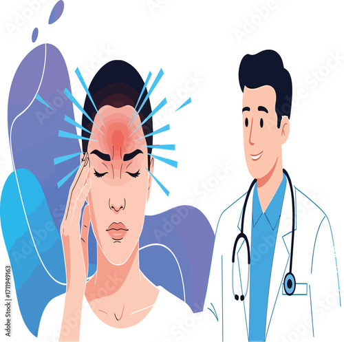 Vector, illustration, doctor with a patient experiencing a headache, poster, abstract background