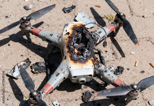 Burned drone wreck on pavement with fire damage and melted battery after crash, closeup of destroyed quadcopter propellers and charred electronics outdoors in daylight for safety hazard and accident