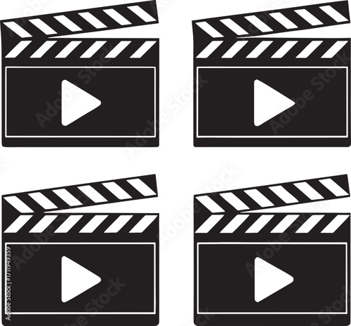 Four black and white clapperboard icons with play symbols