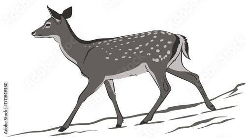 Grey Spotted Deer Walking on Ground Wildlife Animal Illustration Vector Graphic.