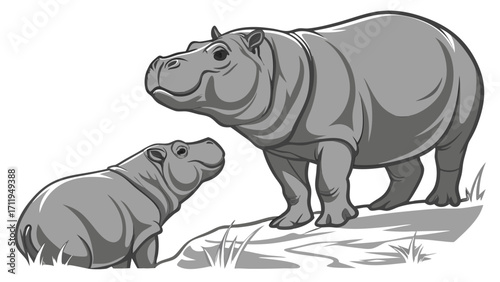Hippopotamuses mother and baby illustration grayscale wildlife african animals mammal family nature zoology fauna vector art graphic design animal illustration wild animals animal.