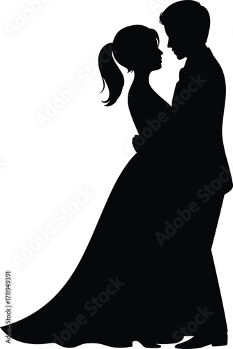 Silhouette of romantic couple dancing, wedding pose, bride and groom love moment, elegant dress, romantic embrace, formal suit, relationship, celebration, black vector art