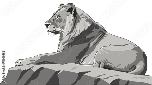 Lioness resting on a rock grayscale illustration wildlife art majestic feline wild animal powerful predator big cat African animal nature illustration animal portrait vector art graphi.