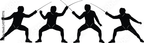 Fencing silhouette illustration, sword duel pose, black figures, athletic stance, combat sport, foil, épée, sabre, martial art, action