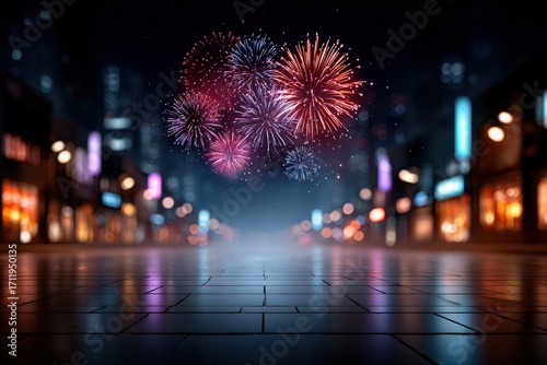 Colorful Fireworks Display Over a City Street with Reflections on the Paved Road at Night