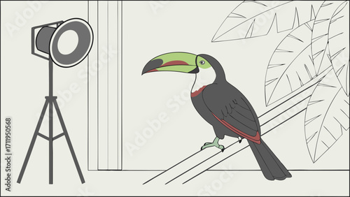Studio Photograph of a Toucan Perched on a Branch with Lighting Equipment Illustrated.