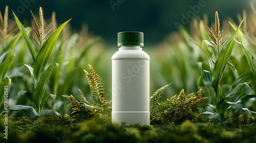 White plastic bottle standing in cornfield promoting sustainable agriculture