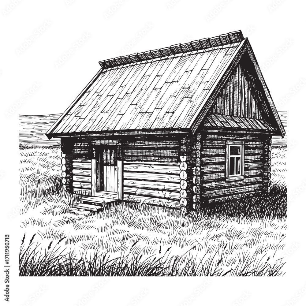 Obraz premium Old Wooden Cottage Drawing – Rural Landscape Line Art