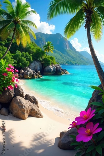 Vibrant tropical island paradise scene Lush vegetation, bright flowers, clear turquoise water, and white sandy beach Perfect for travel, vacation, and paradise themes , blue, bright, sea