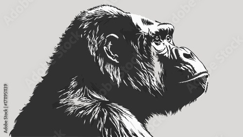 Stylized Gorilla Portrait Black and White Animal Illustration Wildlife Art Graphic Design Element.