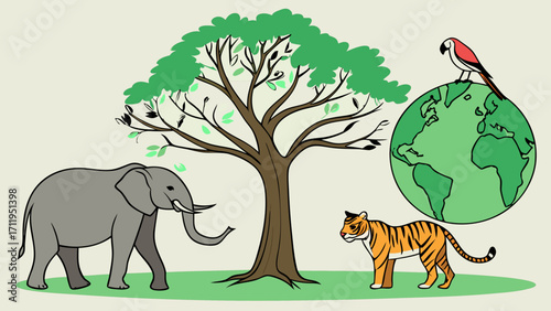 Cartoon illustration of wildlife conservation featuring elephant tiger parrot tree and earth globe.