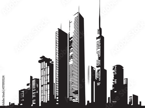Modern city skyline silhouette with reflections