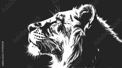 Stylized Lioness Head Profile Black and White Vector Art Wildlife Illustration Monochrome Animal Portrait.