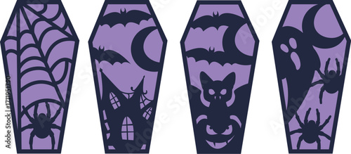 Halloween coffins with spooky ornament, Gift tags and bookmark