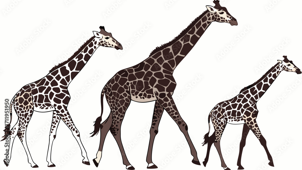Obraz premium Three giraffes walking vector illustration African wildlife animal family safari animals tall mammals spotted pattern long neck graceful animals elegant creatures wild animals nature i.