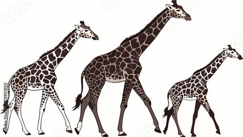 Three giraffes walking vector illustration African wildlife animal family safari animals tall mammals spotted pattern long neck graceful animals elegant creatures wild animals nature i.