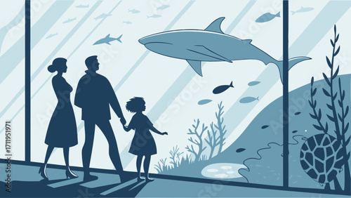 Family observing aquatic life in a large aquarium viewing sharks fish and sea turtles.