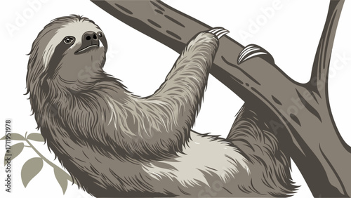 Three-toed Sloth Hanging on a Branch Detailed Illustration Wildlife Art Tropical Animal.
