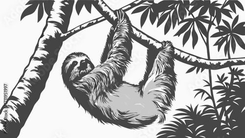 Three-toed Sloth Hanging on Tree Branch in Monochrome Illustration.