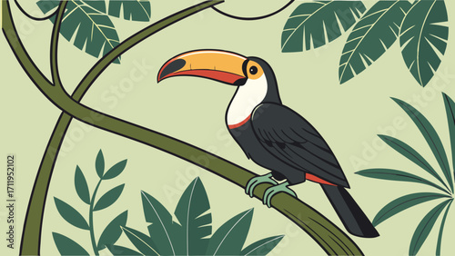 Toucan Bird in Tropical Rainforest Jungle Bird Illustration Exotic Wildlife Art Vector Graphic.