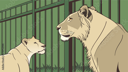 Two lionesses behind a fence wildlife vector illustration.