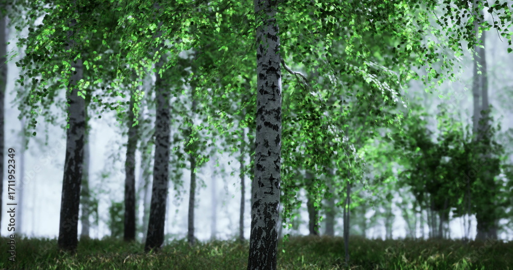 Obraz premium A serene birch forest with vibrant green leaves stands tall in a misty atmosphere. Sunlight filters through the trees, creating a calm and peaceful setting.