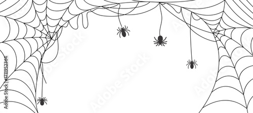 Spiderweb canopy stretches across top, dangling spiders and delicate webs form a decorative frame and spooky halloween border ideal for seasonal banners invitations backgrounds and haunted designs