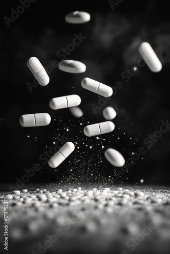 Pills in a black background with white sprinkles scattered on the ground.