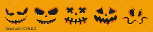 Row of spooky jack o lantern faces vector black silhouettes on isolated on orange background, carved pumpkin ranging from eerie grin to silly scowl, perfect for Halloween seasonal decor design