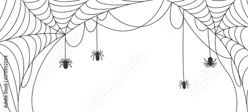 Vector line art spiderweb border with hanging spider silhouettes, minimalist monochrome cobweb design ideal for Halloween backgrounds, banners, invitations, web graphics, spooky halloween themed decor