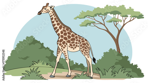 Giraffe standing in savanna grassland illustration wildlife animal cartoon African safari nature scene jungle vector graphic design.