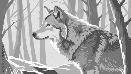 Gray Wolf in the Forest Monochrome Wildlife Illustration Nature Animal Art Canid Portrait.
