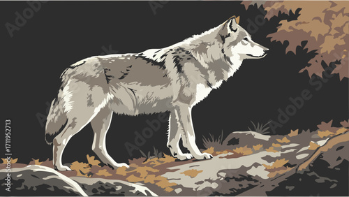Gray Wolf in Forest Setting Wildlife Art Illustration Nature Print Canid Animal Portrait.