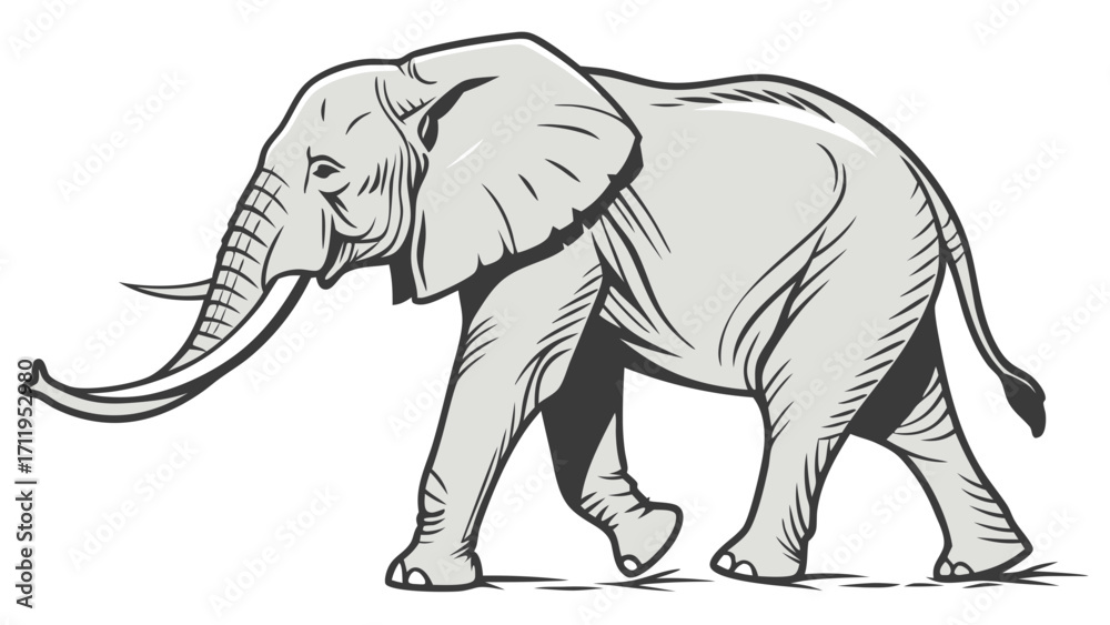 Fototapeta premium Illustration of an Elephant Walking Grey Wildlife Animal African Elephant Mammal Tusks Trunk Nature Wild Animal Graphic Design Vector Illustration Clipart Zoo Animal Safari Animal.