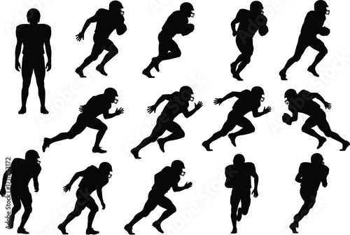 American football player silhouettes, dynamic poses, helmeted athletes, sports action, black vector icons, isolated figures, grid layout, motion study